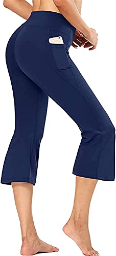 BBTRE Damen Bootcut Yogahose Hohe Taille Bauchkontrolle Workout Bootleg Ausgestellte Arbeitshose Damen Capris Hose mit Taschen Gr. XL, Capri Marineblau Cover