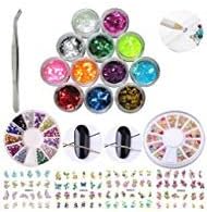 Nail Art Decorations Set:12 Color Nail Glitter Sequin Powder Kit,1PC Gold Silver Chain Nail Studs Accessories,2 Box Nail Rhinestones Pearls,1PC Nail Tweezers Tools, 4PC Nail Stickers Decals (AABB007A)