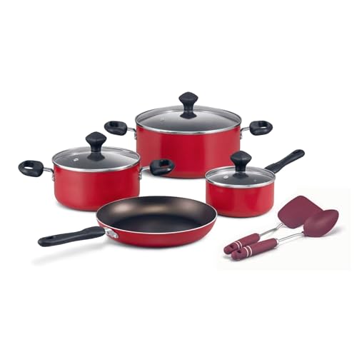 Prestige Value Pack Non-Stick Cookware sets 9 Pcs | Non Stick Aluminium Pots and Pans Cooking Set | Soup Pots Set | Frying Pan Set | PR22430 - Red