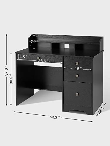 Computer Desk with Drawers and Hutch Shelf, Wood Frame Home Office Desk with Spacious Desktop, Writing Study Table PC Laptop Notebook Desk, Black