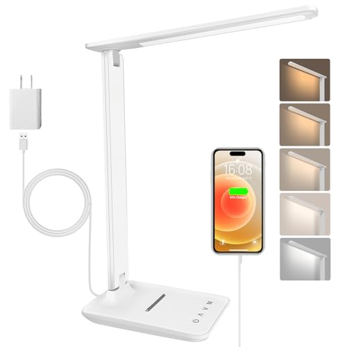joyshie LED-Schreibtischlampe, faltbar, dimmbar, mit 5 Farbmodi und 5 Helligkeitsstufen, USB-Ladeanschluss, zum Lesen der Arbeit (Weiß mit Adapter)