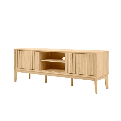JONATHAN Y Gennaro 58" Mid-Century Slatted Sliding Door TV Stand, Oak
