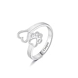 RESVIVI Sterling Silver Personalized Pet Name Ring Paw Print Love Heart Name Ring Jewelry for Dog Cat Lover