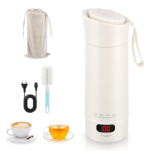 Pequeño Hervidor de Agua Portátil 400ML, 3 en 1 Hervidor Agua Electrico Pequeño, Calentador de Agua Portatil con 4 Niveles de Temperatura, Mini Taza de Agua para Hacer Leche, Café y TéEléctrica