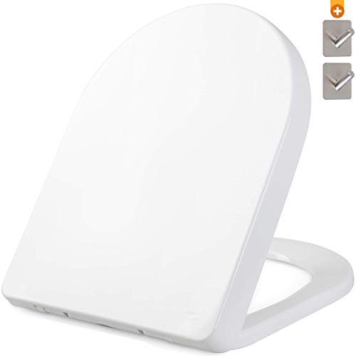 Asiento de inodoro WC con forma de D - Tapa de inodoro WC de cierre suave - Material termoestable antibacteriano - GRATIS: 2 ganchos de acero inoxidable