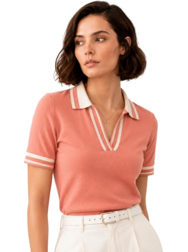 Image of FYLTR Women's Modern V-Neck Striper Collar Solid Polo T-Shirt - Contrast Tipping Details | Regular Fit | T-Shirts for Women | Open Placket