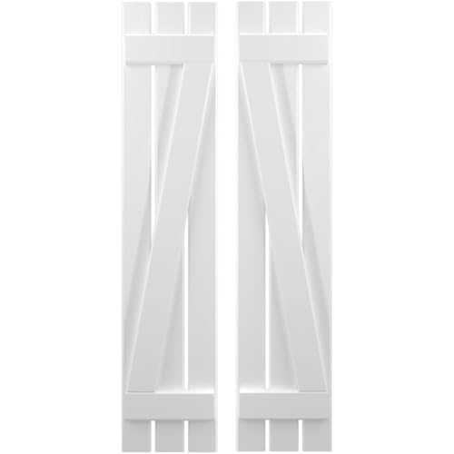 11 1/2"W x 68"H Americraft Three Board (2 Batten) Exterior Real Wood Spaced Board-n-Batten Shutters w/Z-Bar (Per Pair), White