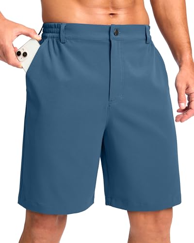 Pudolla Men's Casual Shorts 9" Lightweight Golf Shorts with 3 Pockets Stretch Quick Dry Comfy Work Shorts（Tibetan_Blue 9_L