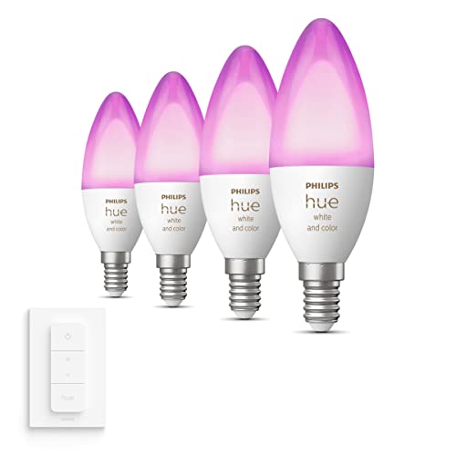 Philips Hue Vorteilspaket - E14 - mit 4 Kerzen LED Lampen - Weißes und Farbiges Licht - inkl. 1 Hue Dimmschalter - Hue White and Color Ambiance