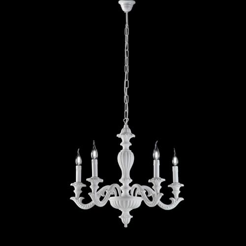 Lustre shabby à 5 lumières bois blanc suspension salon rustique