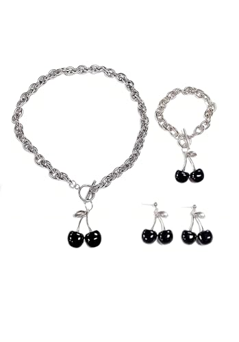 Pendentif Cerise Punk et bijoux gothiques en argent | Set collier boucles bracelet 3 pièces