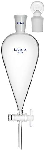 Labasics Borosilicate Glass 500ml Conical Separatory Funnel with PTFE Stopcock, 500mL