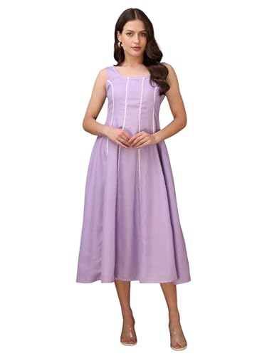 Image of PURVAJA Women's Round Neck Flared Cotton Blend Dress (Floe-043-045)