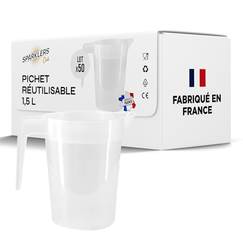 SPARKLERS CLUB Lot de 50 Pichets Réutilisables 1,5L - Polypropylène Alimentaire (PP) - Pichet...