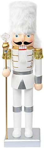 FUNPENY 14" Christmas Decorative Nutcracker Figures, Handmade Wooden Soldier in White Uniform Hold Scepter, Festive Collectible Nutcracker Gift for Indoor Winter Table Desktop Fireplace Decorations