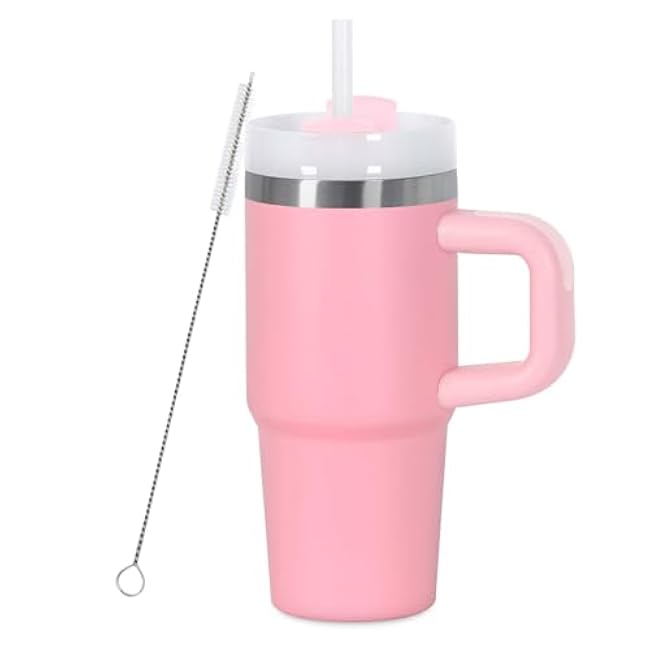 14 oz Tumbler with Handle and Straw, 1 Pack, Stainless Steel | Vacuum Insulated | Keep Cold Heat and Ice | Gifts | Pink