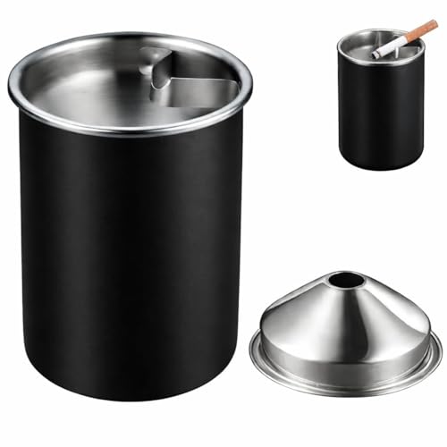 Image of NYRWANA Stainless Steel Windproof Ashtray with Lid | Rustproof, Easy-to-Clean Ash Holder for Smokers | Elegant Indoor Outdoor Ash Tray for Patio, Home, Office, Bar & Garden Use (Black)