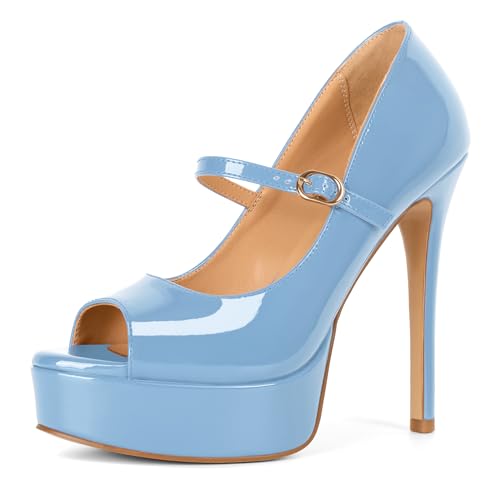Image of SAMMITOP Women's Peep Toe High Heels Platform Stiletto Pumps Patent Mary Jane Heels 5.5 inch Party Wedding Dress Shoes