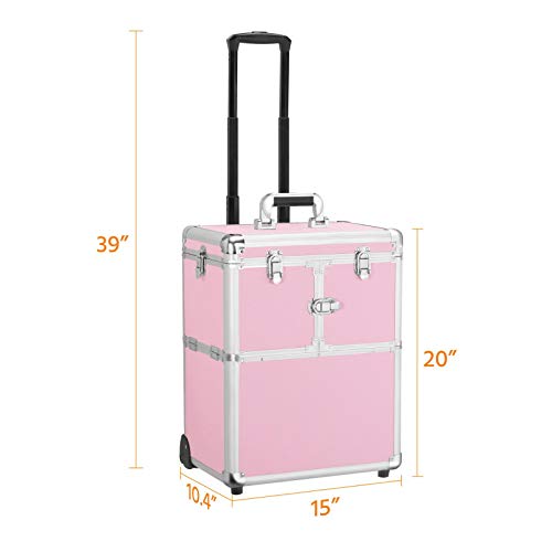 Yaheetech Professional Makeup Train Case Travel Makeup Trolley Rolling Cosmetic Case Beauty Train Case Beauty Organizer, Pink #TOP5