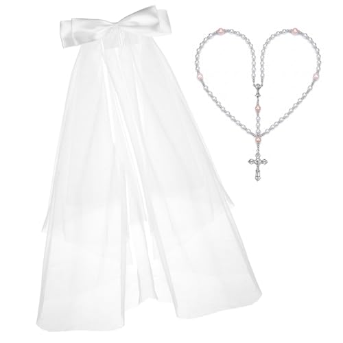 Girls First Communion Veil Set with Pearl Beads Rosary Necklace White 21.7 Inch Veil Includes Satin Gift Bag (Veil Set with Necklace)