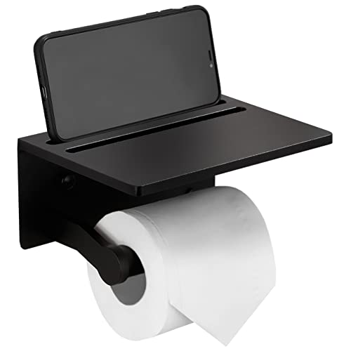 Smarthome Toilet Paper Holder With Shelf, Black Anti-Rust Aluminum Tissue Roll Holder With Mobile Phone Storage Shelf For Bathroom, 3M Self Adhesive No Drilling Or Wall Mounted With Screws #TOP6