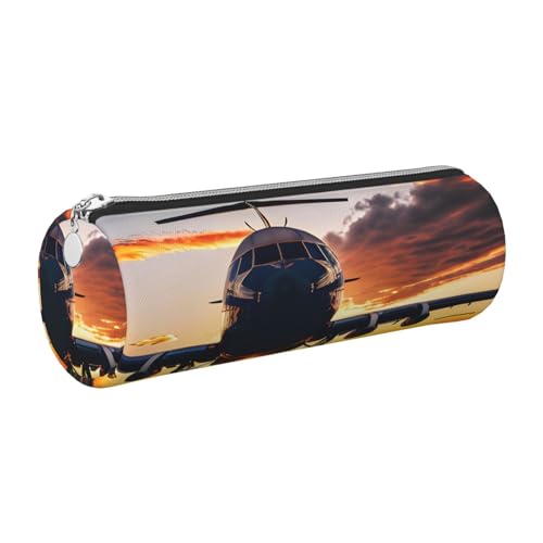 GaxfjRu Étui en cuir avec fermeture éclair pour stylos à bille et stylos roller Motif avion au coucher du soleil
