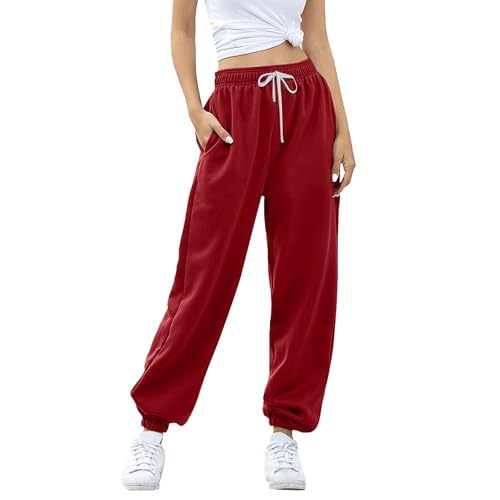 Calça de moletom feminina casual solta cintura alta com cordão e bolsos, Vermelho, XGG