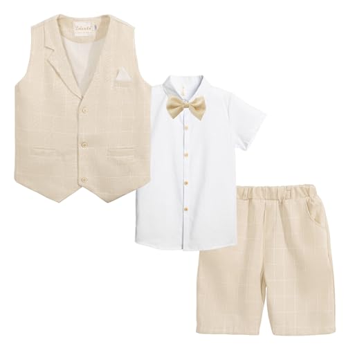 Image of Summer Boys Suit Dress Clothes Kids Wedding Ring Bearer Outfit 4Pcs Shirt Vest Shorts Set