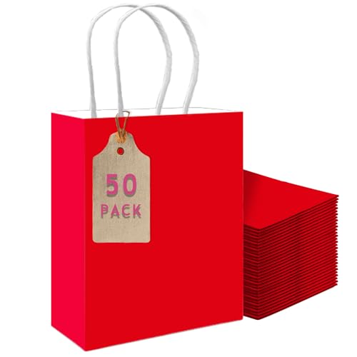 qiqee 50-Packs Red Paper Gift Bags with Handles Bulk 11x8.3x4.3 Medium Size Paper Bags Multiple Uses