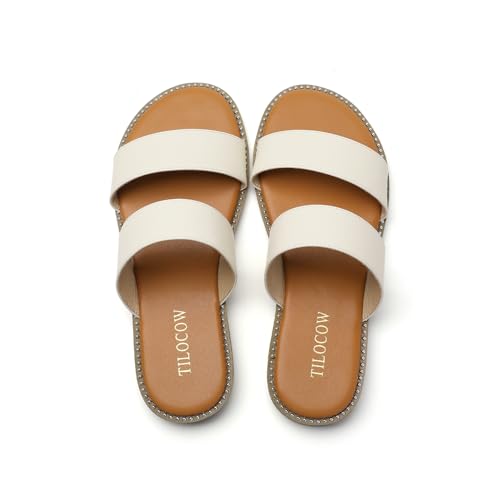 Image of Tilocow Women's Flat Sandals Two Strap Summer Dressy Studded Slide Sandals Open Toe Cute Casual Slip on Comfort Shoes for Beach Travel Daily Wear