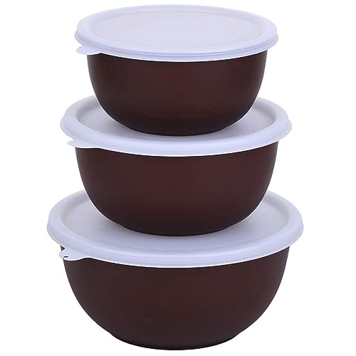 Image of Microwave Safe Stainless Steel Mixing Bowl Set with Lids - Set of 3 (500ml, 750ml, 1250ml) - Euro Style Food Storage Containers - Multipurpose Kitchen Bowls (3 Dark Brown Plain)