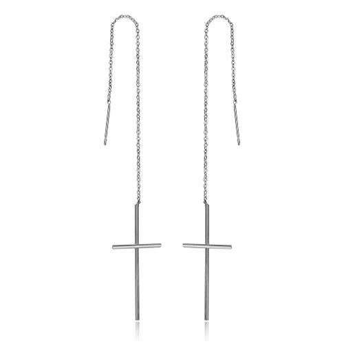 Epinki Gold Plated Earrings, Womens Long Chain Cross Silver Threader Dangle Earrings