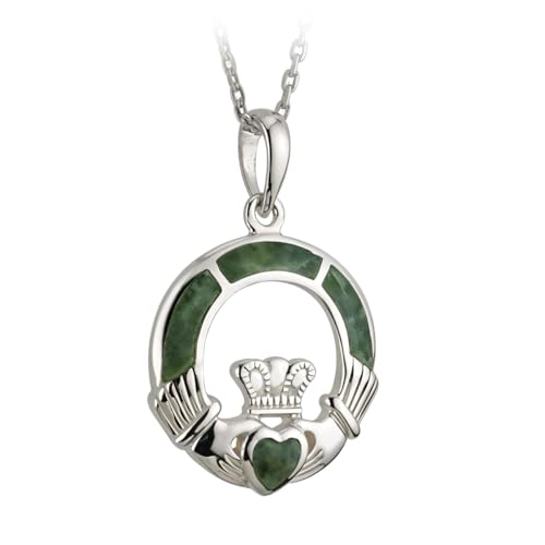 Biddy Murphy Authentic 925 Sterling Silver Irish Claddagh Necklace with Connemara Marble Inlay Fine Celtic Jewelry for Women 18 Length 5/8 x 5/8 Inch Pendant Made in Ireland