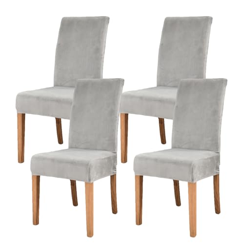 Fundas elásticas de terciopelo para sillas de comedor, cocina, banquete y hotel, juego de 4 fundas elásticas para asiento, color gris claro, decoración elegante para el hogar