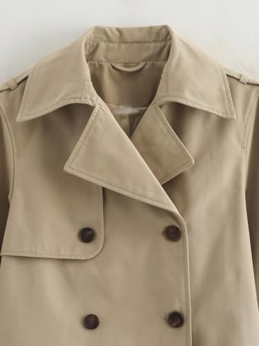 Pohullan Women Vintage Casual Jackets Solid Double Breasted Lapel Short Coat Lightweight Trenchcoats3