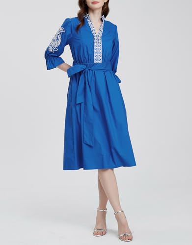 Kedera Womens Midi Summer Dresses Casual 3/4 Sleeve V Neck High Waisted Embroidered Cotton Flowy Dress 2025 with Pocket4