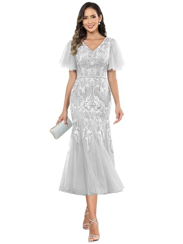 SOLODISH Lace Applique Mother of The Bride Dresses Tea Length Tulle Formal Evening Dresses for Women