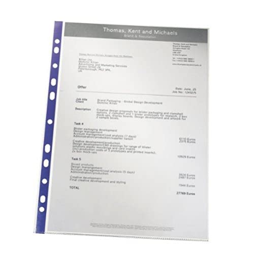 Image of Leitz Quality Punched Pocket with Purple Strip, Pack of 25, Holds up to 20 A4 sheets, Transparent, 75 Micron PP Material, 47185
