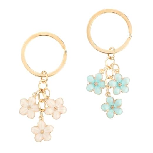 Ouligay 2 llaveros con diseño de flor dorada, bonitos accesorios de coche, accesorios para llaves, bolsa de regalo para mujer, Blanco y azul.