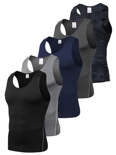 5 Pack Men's Camouflage Compression Shirts Sleeveless Athletic Workout Tank Top Sports Baselayer Running Undershirt