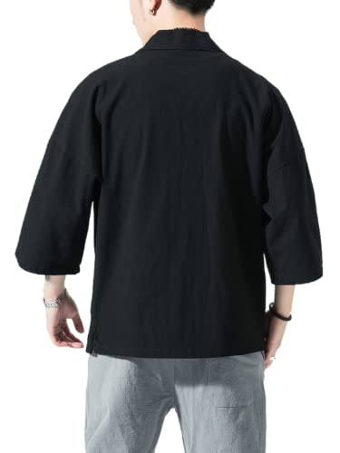 Image of Men's Japanese Kimono Cardigan Loose Cotton Linen 3 /4 Sleeve Open Front Casual Summer Shirt Jackets