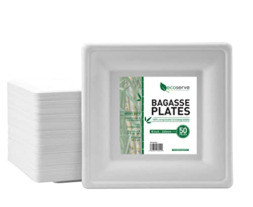 Disposable Plates | 50 Pcs 26cm Biodegradable Paper Plates| Eco-Friendly Compostable Sugarcane Dinner Plates | Extra-Rigid White Plates for Party,Picnic,BBQ