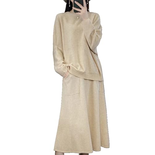 JYHBHMZG Conjunto de lana para mujer, suéter de punto suelto, suéter de cuello redondo, color sólido, versátil, medio vestido de mujer, conjunto de dos piezas, beige, S