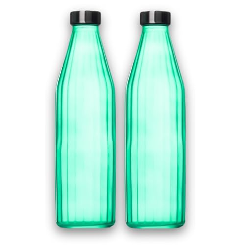 Image of SAND DUNE TorquiseColour Glass water bottle, 800 ml Each, Set of 2, with Leak-Proof Airtight Stainless-Steel Lid for Water, Smoothie, Juices - Reusable Travel Glass Drinking Fridge Bottles
