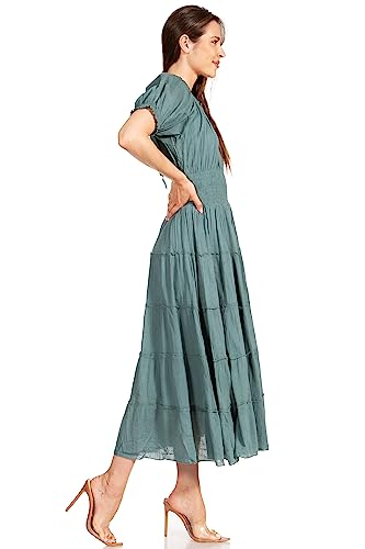 Image of Sakkas Cotton Crepe Smocked Peasant Gypsy Boho Renaissance Mid Length Dress