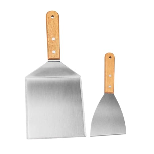 DimyFew 2 Piezas Espátula BBQ Accesorios de Parrilla Juego de Utensilios de Cocina Raspador Parrillero con Mango de Madera Resistente Y Acero Inoxidable, 2 Piezas, Individual
