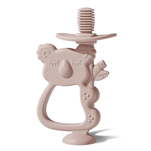Moonkie Teething Toy, Safe & Easy to Hold BPA Free Silicone Teethers, 360° Baby Toothbrush with Suction Base, Teether Toys Best for Babies 6-12 Months (Koala Blush)