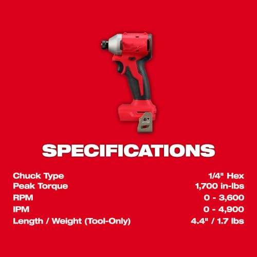 WALKFB 3650-20 for Milwaukee M18 18V 1/4\"\" Compact Brushless Hex Impact Driver - Bare Tool, 4.4 × 7.7 × 2.1, Red, Black