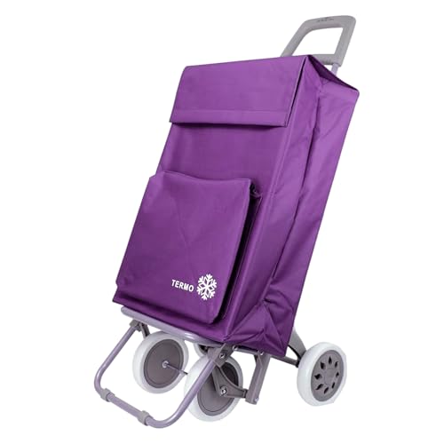 Carro de la Compra Plegable con Bolsa Térmica 4 Ruedas para Subir Escaleras, Carrito del Mercado, Bolsa Impermeable isotérmica de 46L litros. Porta Paraguas. (Morado)