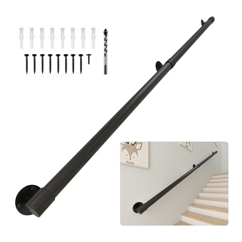 Pasamanos de hierro industrial negro de 4 pies, mango de soporte de pared premium para escaleras interiores y cubiertas al aire libre, agarre antideslizante y resistente al óxido